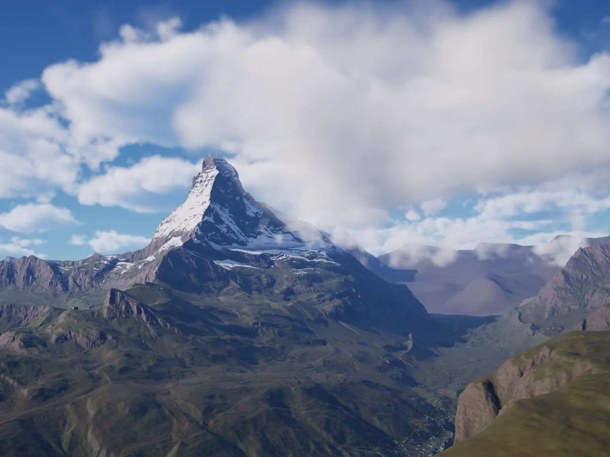 Matterhorn nad údolím, vizualizace podle výškových dat swisstopo